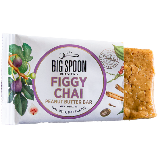 Figgy Chai Peanut Butter Bar package, with side open showing bar