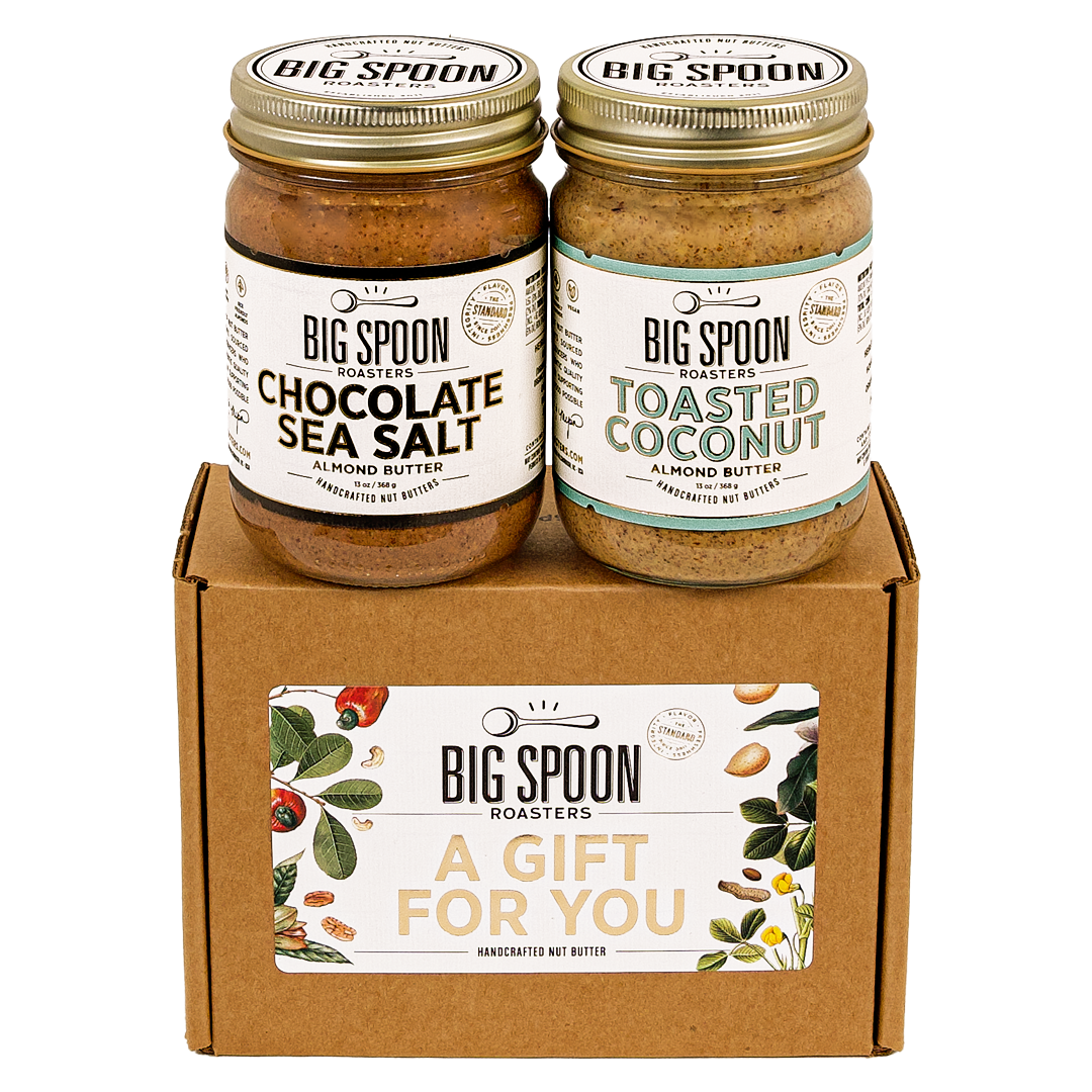 A gift set of Chocolate Sea Salt and Toasted Coconut nut butters