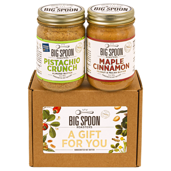 A Gift for You gift box with 13oz jars of Maple Cinnamon and Pistachio Crunch