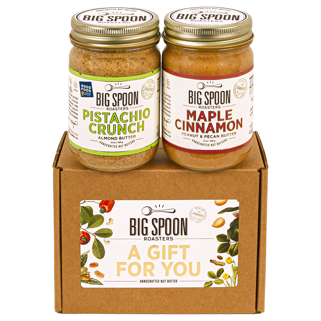 A Gift for You gift box with 13oz jars of Maple Cinnamon and Pistachio Crunch