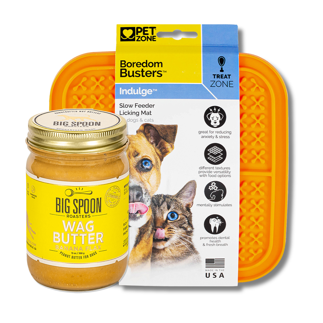 jar of Banana Flax Wag Butter with a Boredom Busters Lick Mat