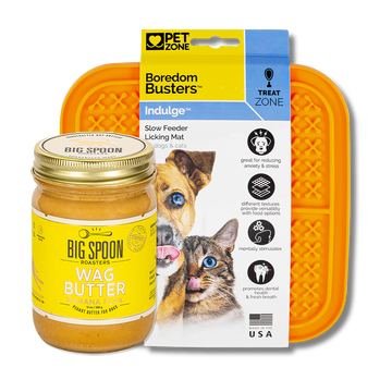 jar of Banana Flax Wag Butter with a Boredom Busters Lick Mat
