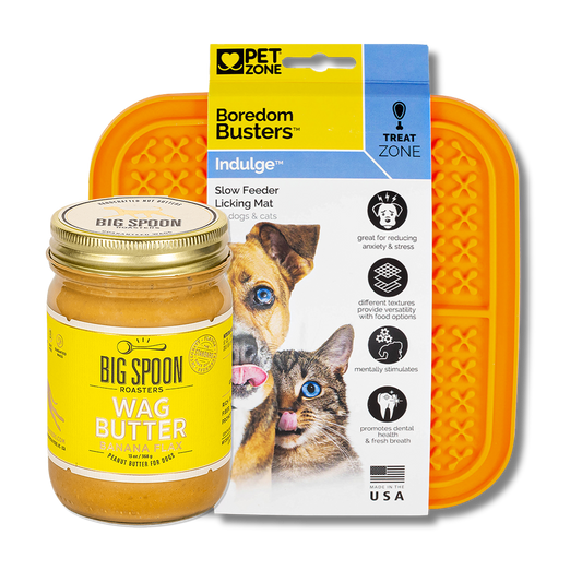jar of Banana Flax Wag Butter with a Boredom Busters Lick Mat