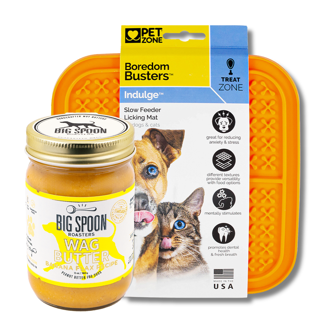 jar of Banana Flax Wag Butter in front of a Boredom Busters licking mat