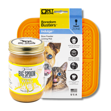 jar of Banana Flax Wag Butter in front of a Boredom Busters licking mat