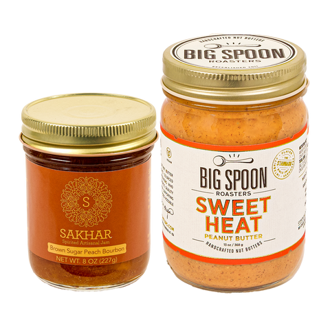 8oz jar of Sakhar Peach Bourbon jam and 10oz jar of Big Spoon Roasters Sweet Heat Peanut Butter