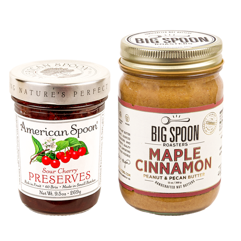 9.5oz jar of American Spoon Sour Cherry Preserves and 13oz jar of Big Spoon Roasters Maple Cinnamon Peanut & Pecan Butter