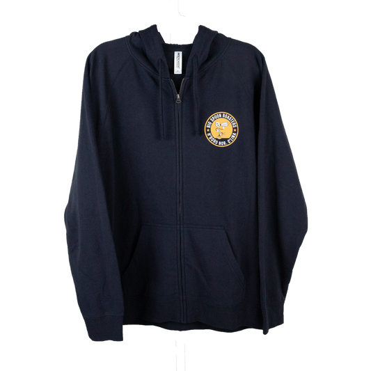 navy zip hoodie with logo emblazoned on front left 