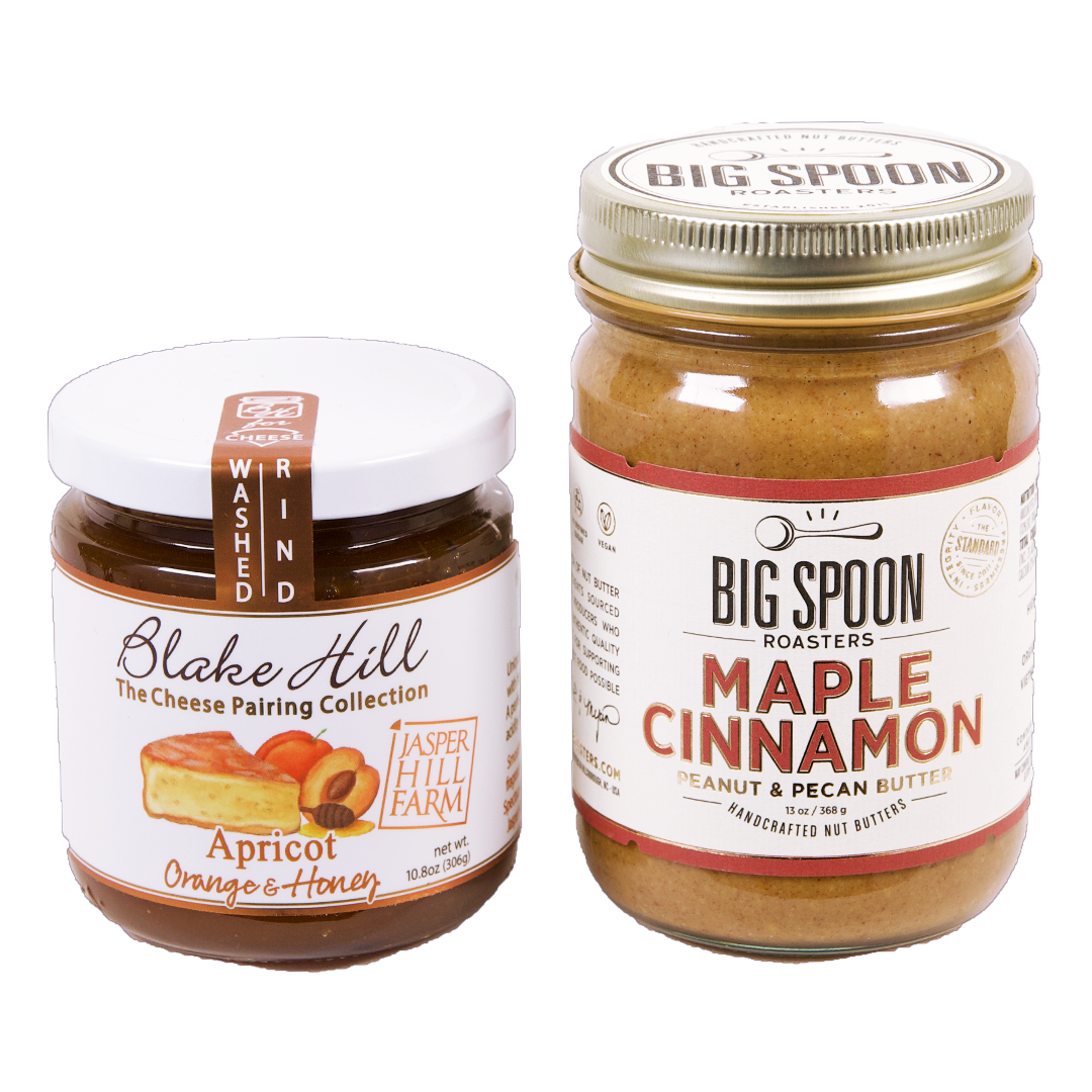 jar of Apricot jam next to a 13oz jar of Maple Cinnamon Peanut Pecan Butter