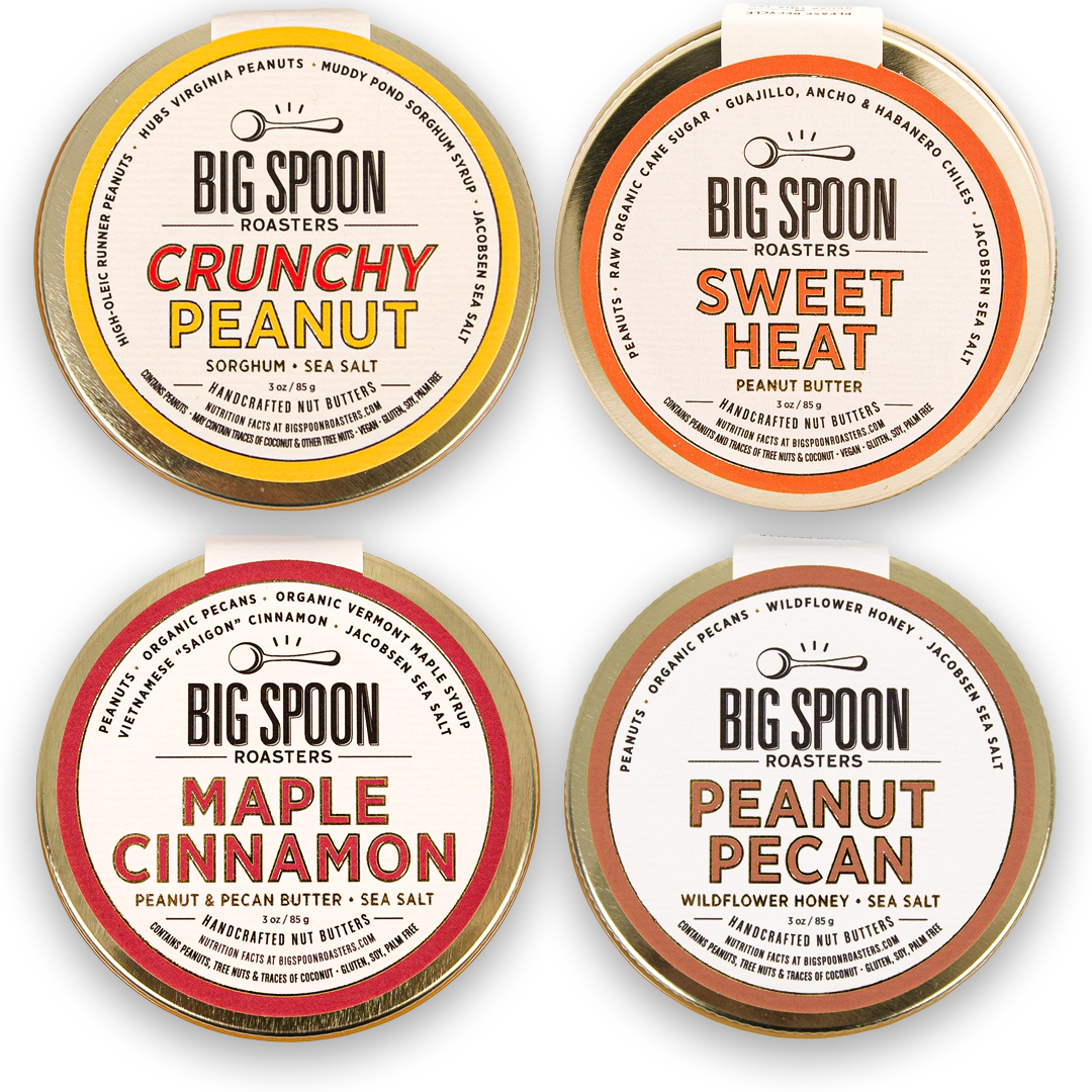 The lids of crunchy peanut butter, sweet heat, maple cinnamon, and peanut pecan nut butter