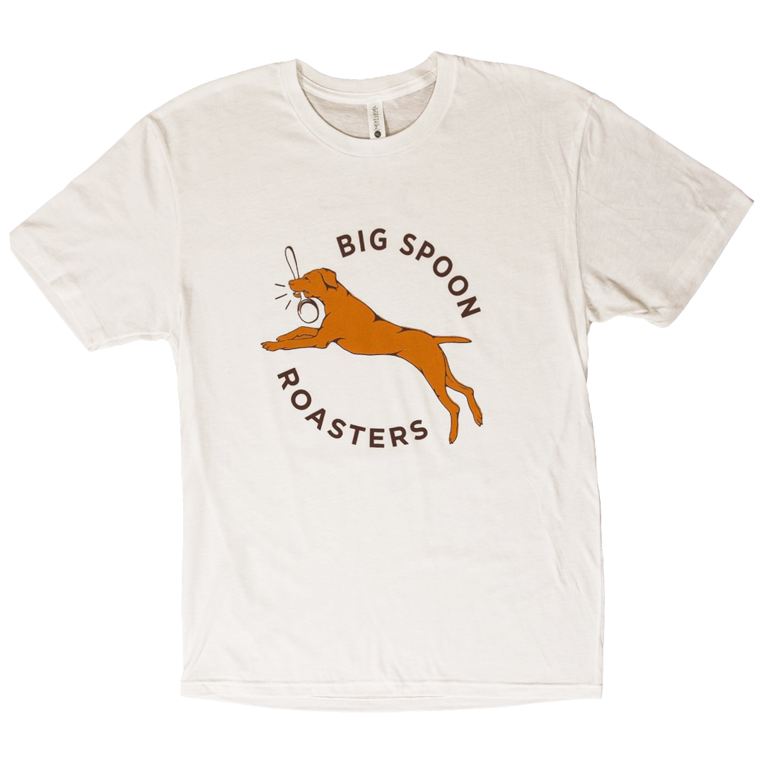 Unisex Big Spoon Roasters shirt with dog leaping with spoon in mouth