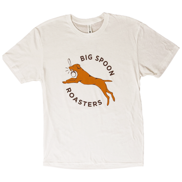 Unisex Big Spoon Roasters shirt with dog leaping with spoon in mouth