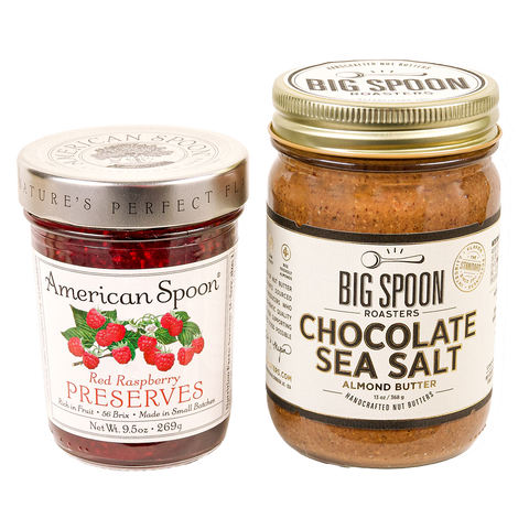 9.5 oz jar of American Spoon Red Raspberry Preserves and 13oz jar of Chocolate Sea Salt Almond Butter