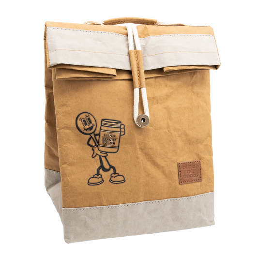 Big Spoon Roasters lunchbox with a spoon mascot holding a jar of Peanut Butter printed on the outside