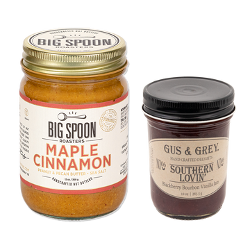 Jar of Maple Cinnamon Peanut & Pecan Butter + Sea Salt with a jar of Gus & Grey Blackberry Bourbon Vanilla Jam 
