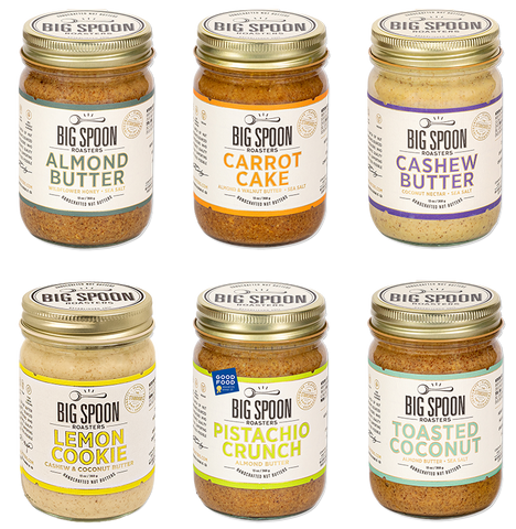 13oz jars of Almond Butter, Carrot Cake, Cashew Butter, Lemon Cookie, Pistachio Crunch, and Toasted Coconut