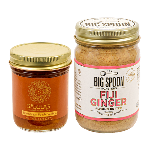 8oz jar of Sakhar Peach Bourbon jam and 10oz jar of Big Spoon Roasters Fiji Ginger Almond Butter