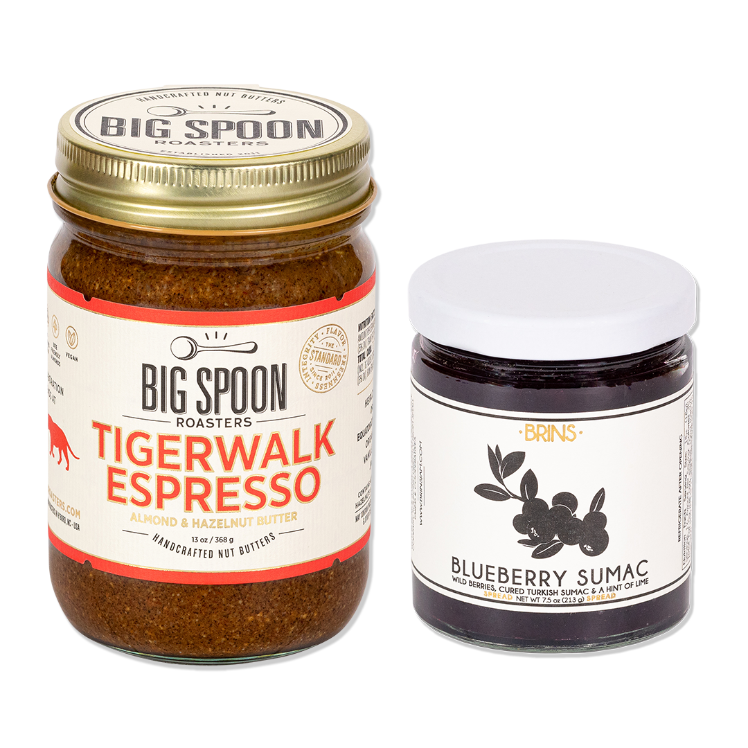13 oz jar of Big Spoon Roasters Tigerwalk Espresso and 7.5 oz glass jar of Brins Blueberry Sumac Jam