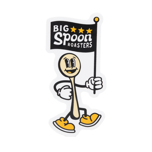 Sticker of a spoon holding a flag reading BIG SPOON ROASTERS